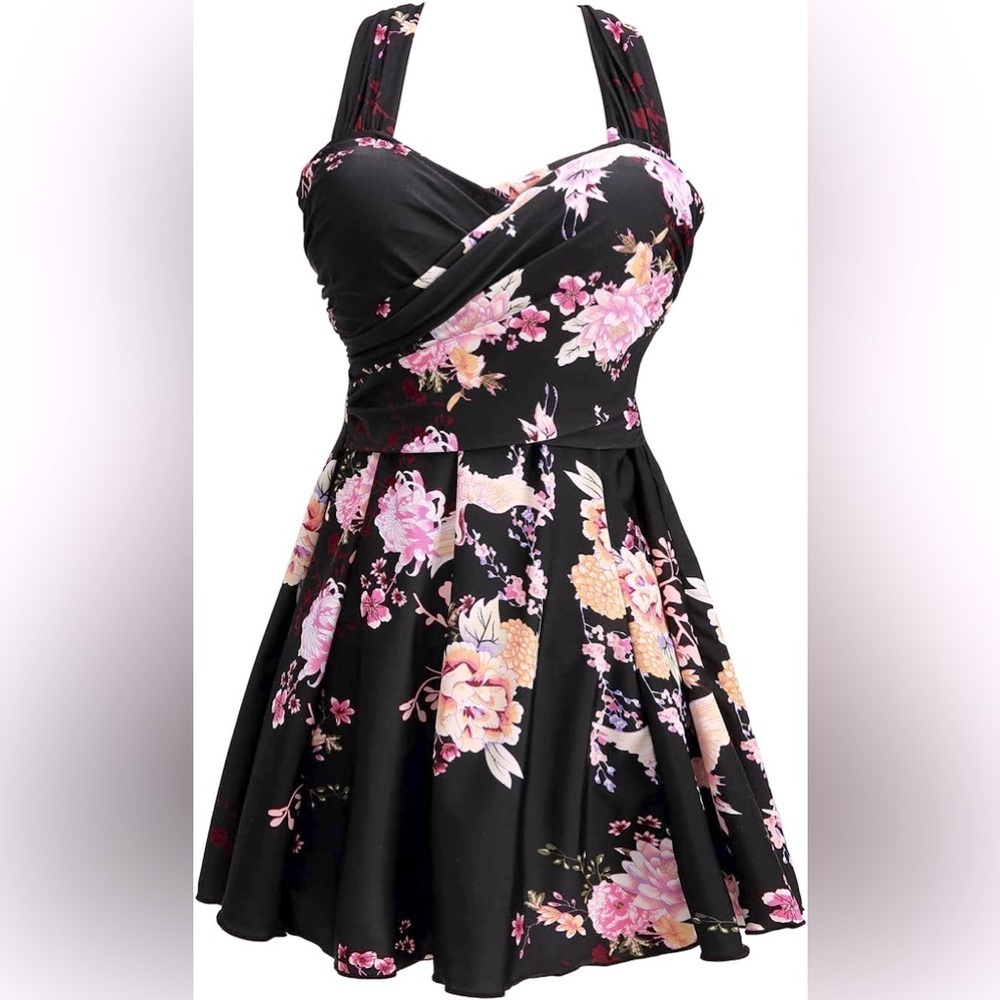 COCOPEAR Elegant Crossover One Piece Swimdress Floral Skirted Swimsuit Size 3XL